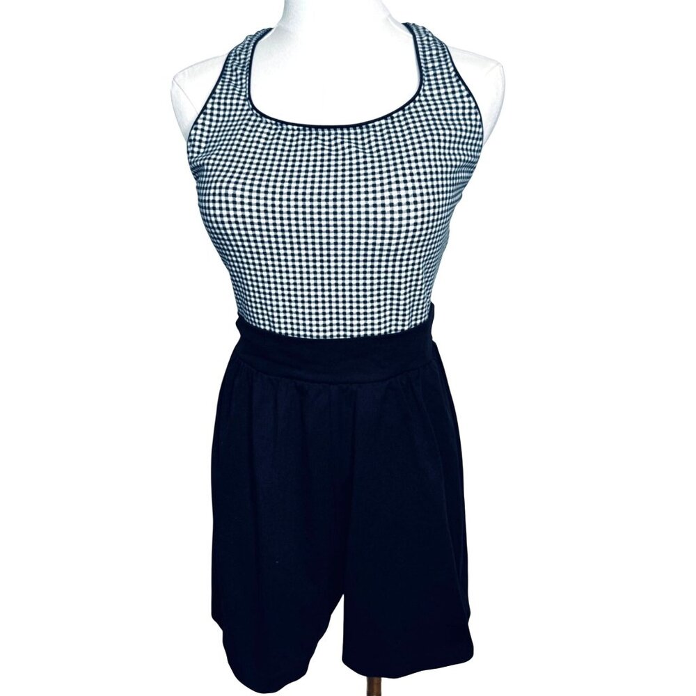 Jantzen Black Gingham One-Piece Swimsuit Size 12 Retro 80s 90s USA Modest Shorts